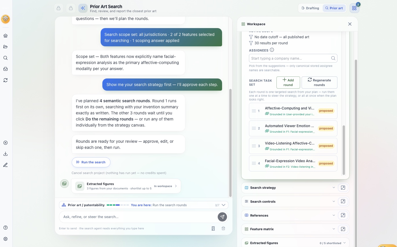 Search-rounds workspace with parallel patent and NPL iterations, public-availability dates, and claim-element mappings